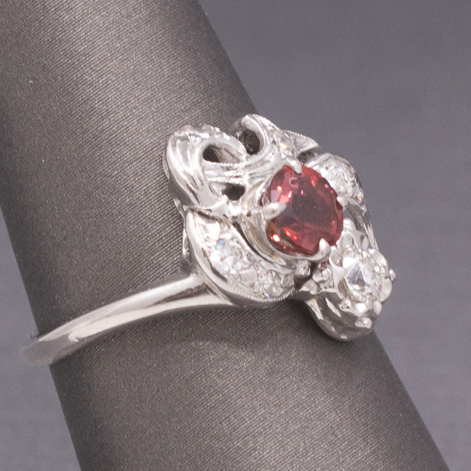 Petite Ruby and Old European Cut Diamond Cocktail Ring in 14k White Gold