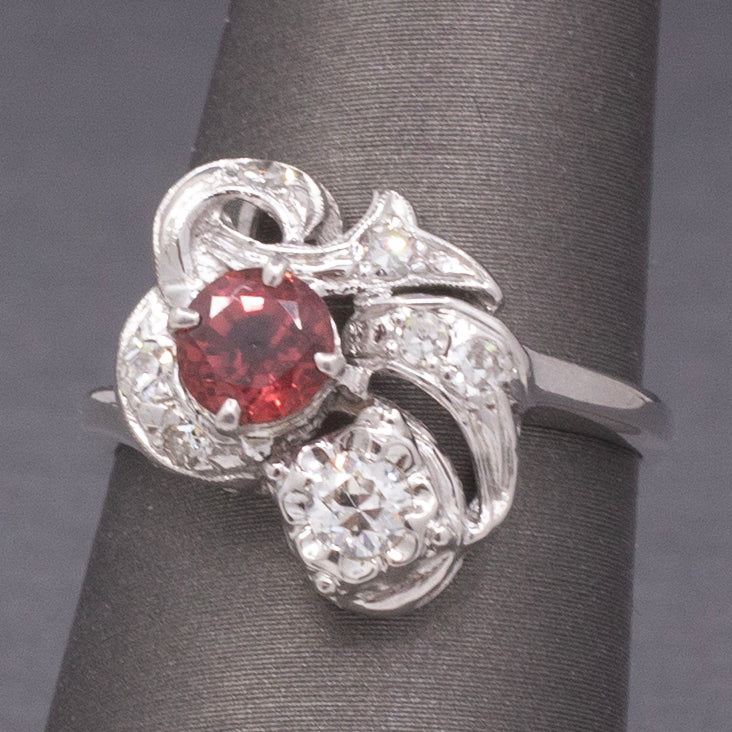 Petite Ruby and Old European Cut Diamond Cocktail Ring in 14k White Gold