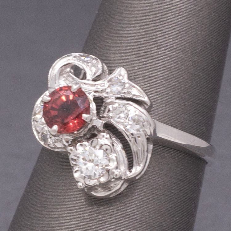 Petite Ruby and Old European Cut Diamond Cocktail Ring in 14k White Gold