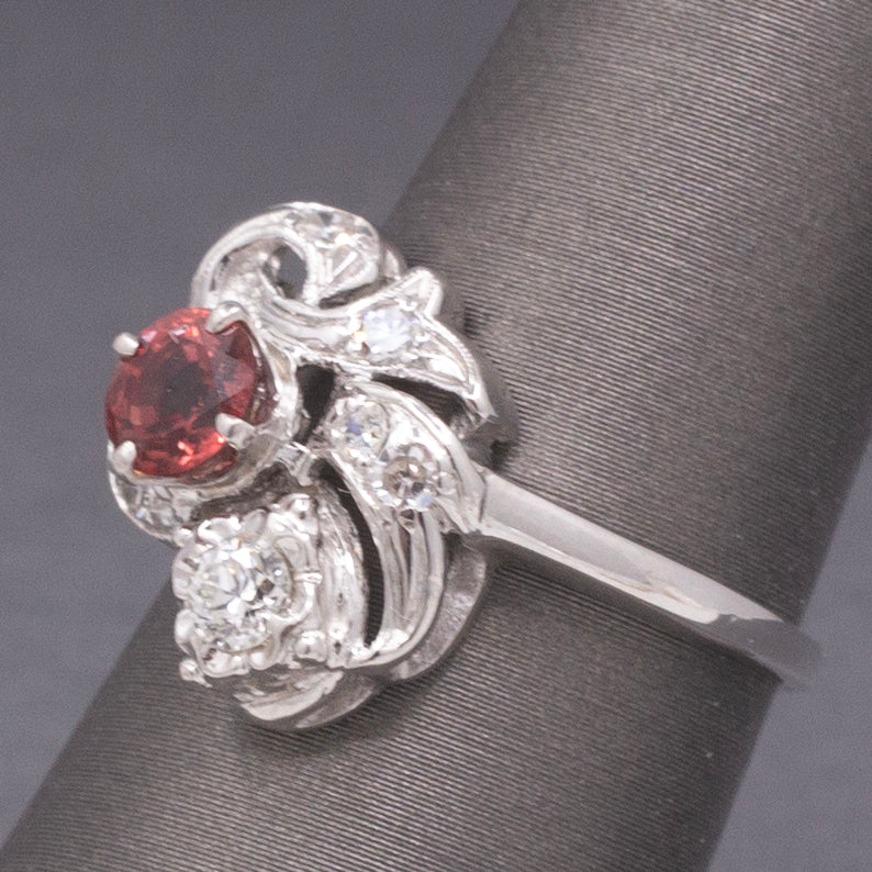 Petite Ruby and Old European Cut Diamond Cocktail Ring in 14k White Gold