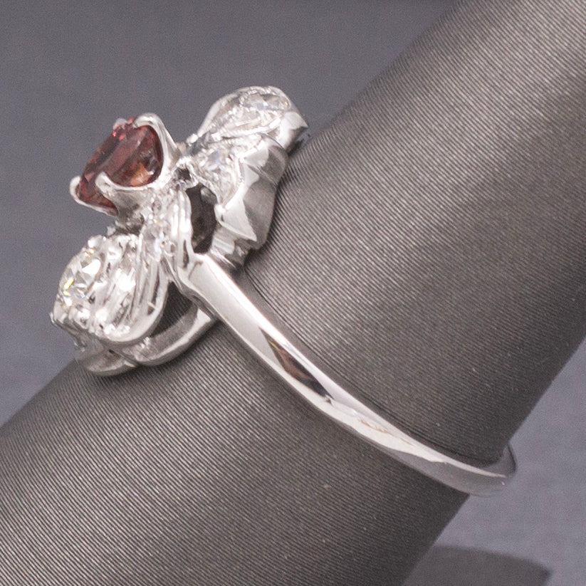 Petite Ruby and Old European Cut Diamond Cocktail Ring in 14k White Gold