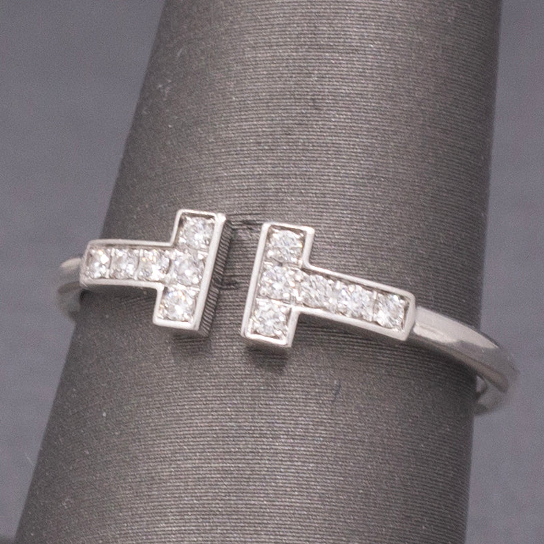 TIFFANY & CO 18K White Gold 0.13ctw Round Diamond T Wire Ring Size 8.5