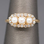 Antique Edwardian Three Stone Pearl Ring with Old Mine Cut Diamond Halo in 14k Yellow Gold