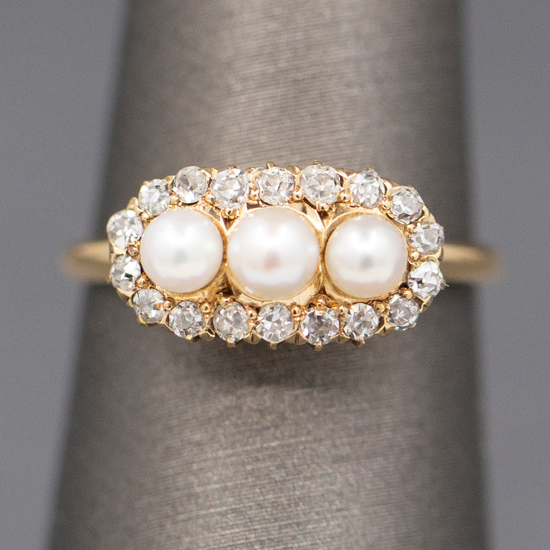 Antique Edwardian Three Stone Pearl Ring with Old Mine Cut Diamond Halo in 14k Yellow Gold
