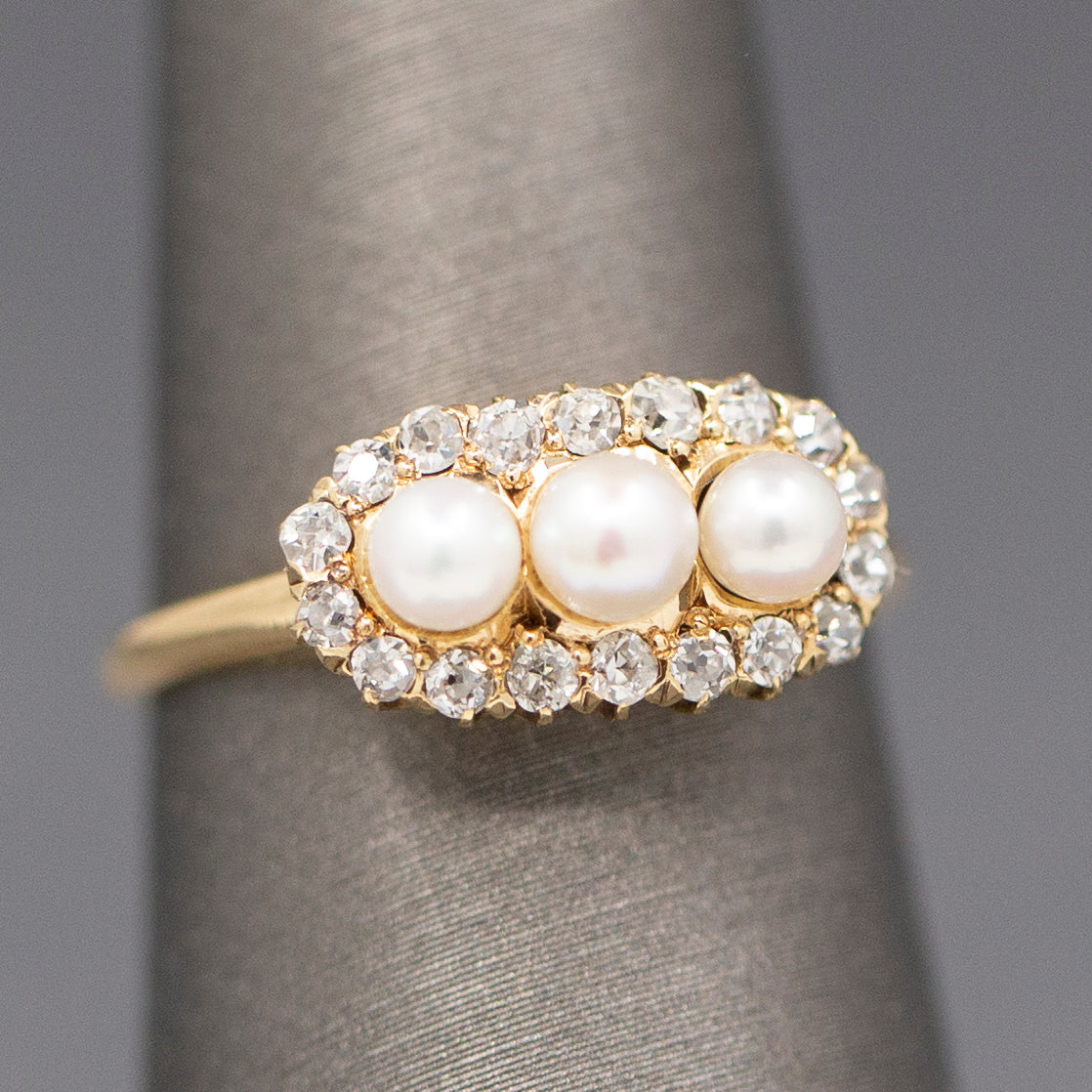 Antique Edwardian Three Stone Pearl Ring with Old Mine Cut Diamond Halo in 14k Yellow Gold