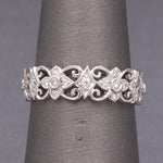 Exquisite Diamond Filigree Wide Band Ring in 18k White Gold, Lace Eternity Ring