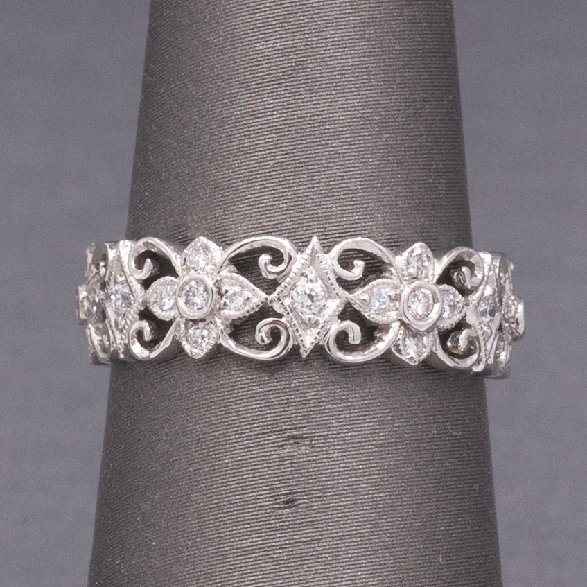 Exquisite Diamond Filigree Wide Band Ring in 18k White Gold, Lace Eternity Ring