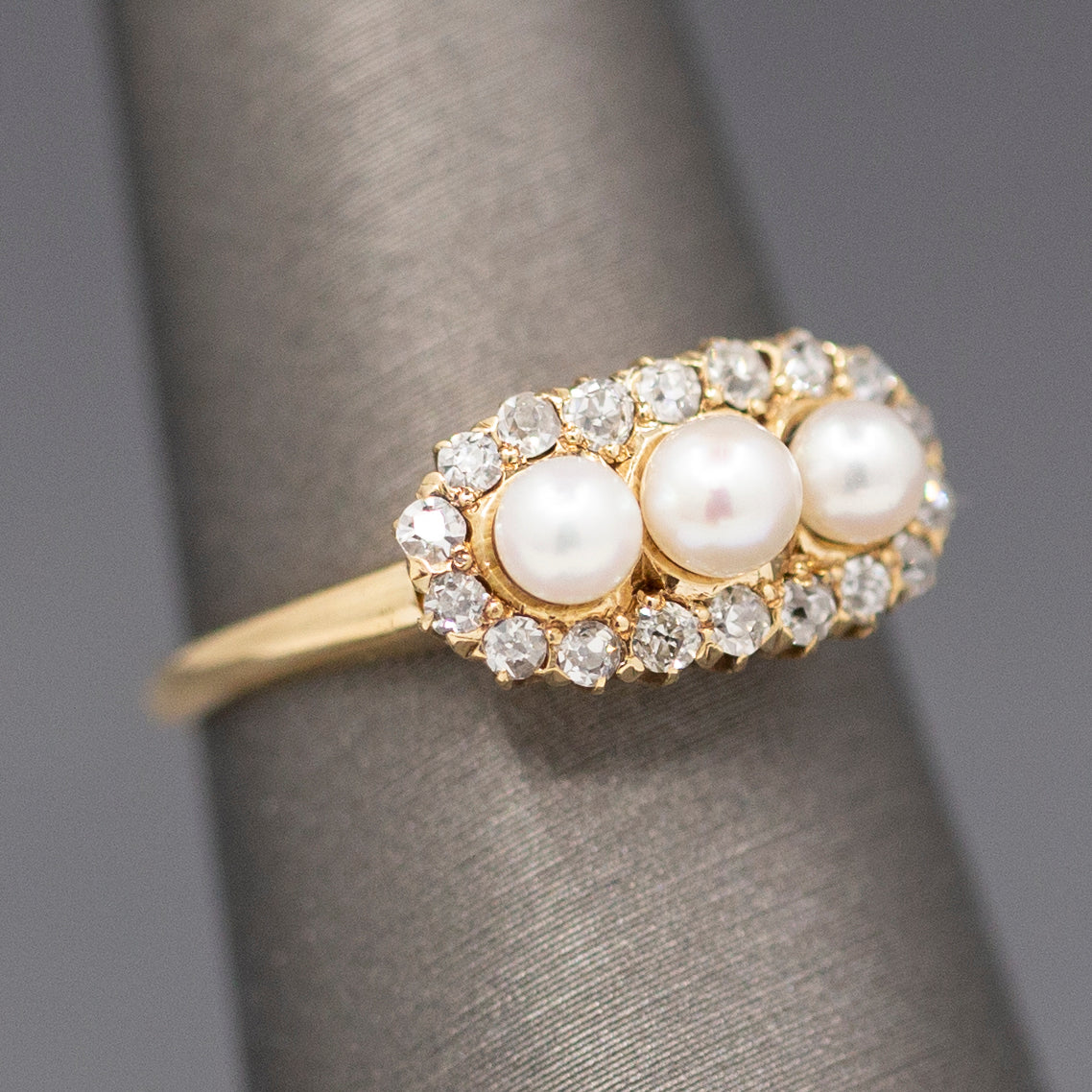 Antique Edwardian Three Stone Pearl Ring with Old Mine Cut Diamond Halo in 14k Yellow Gold