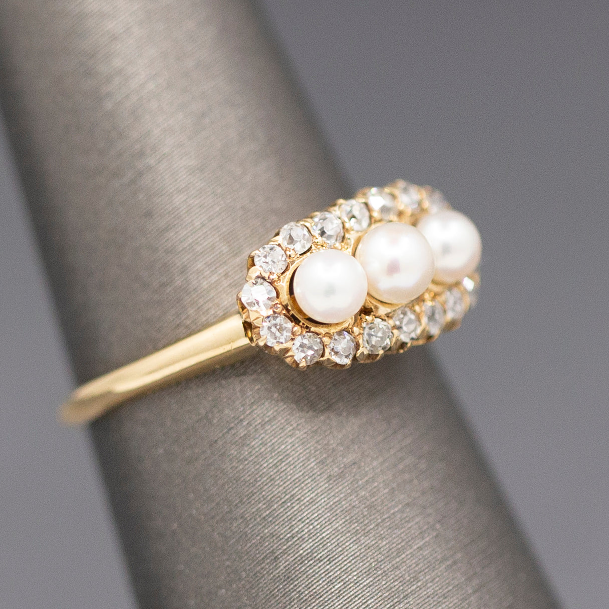 Antique Edwardian Three Stone Pearl Ring with Old Mine Cut Diamond Halo in 14k Yellow Gold