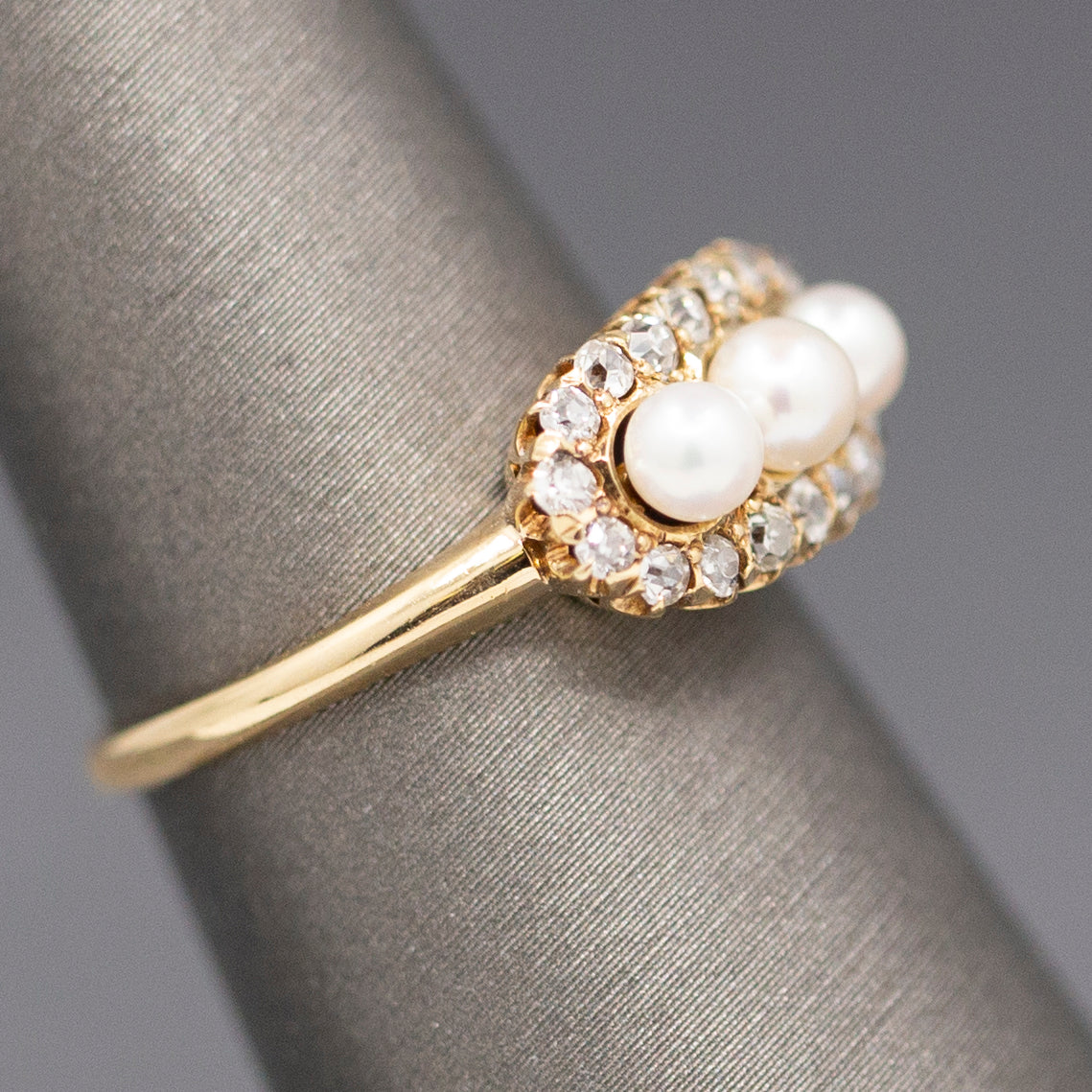Antique Edwardian Three Stone Pearl Ring with Old Mine Cut Diamond Halo in 14k Yellow Gold