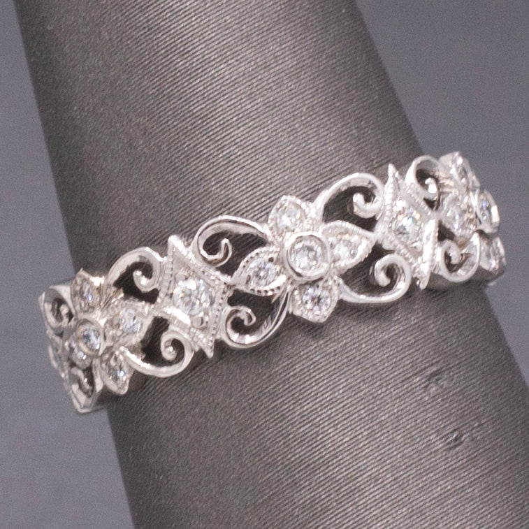 Exquisite Diamond Filigree Wide Band Ring in 18k White Gold, Lace Eternity Ring