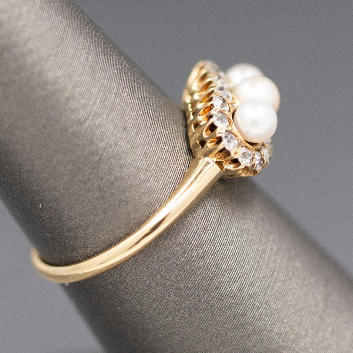 Antique Edwardian Three Stone Pearl Ring with Old Mine Cut Diamond Halo in 14k Yellow Gold