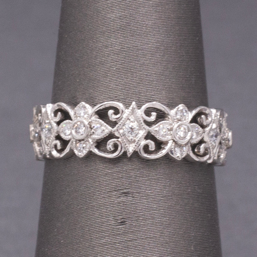 Exquisite Diamond Filigree Wide Band Ring in 18k White Gold, Lace Eternity Ring
