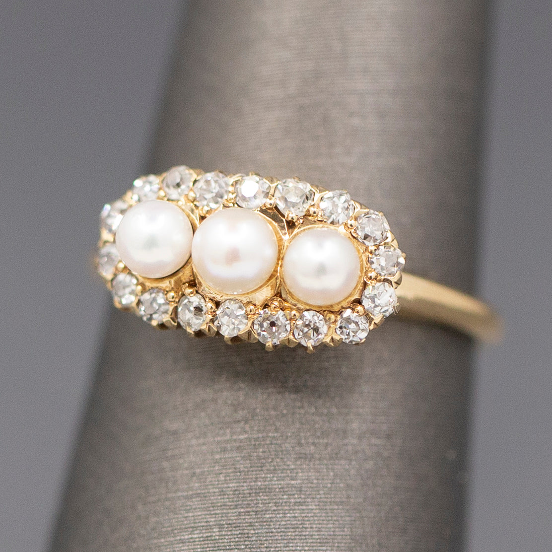 Antique Edwardian Three Stone Pearl Ring with Old Mine Cut Diamond Halo in 14k Yellow Gold