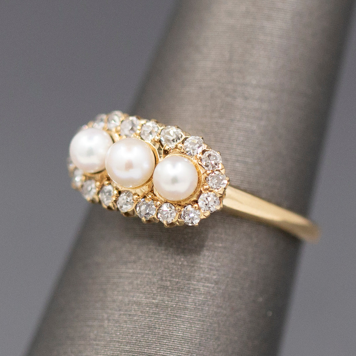 Antique Edwardian Three Stone Pearl Ring with Old Mine Cut Diamond Halo in 14k Yellow Gold