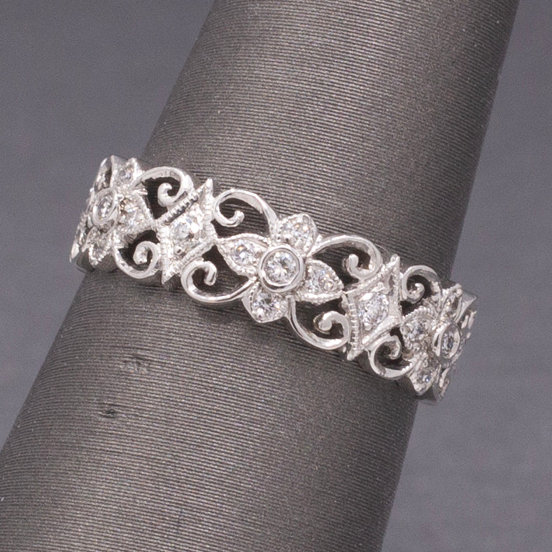 Exquisite Diamond Filigree Wide Band Ring in 18k White Gold, Lace Eternity Ring
