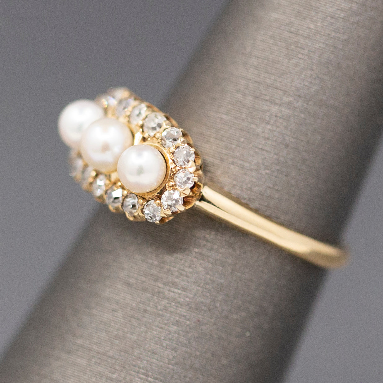 Antique Edwardian Three Stone Pearl Ring with Old Mine Cut Diamond Halo in 14k Yellow Gold