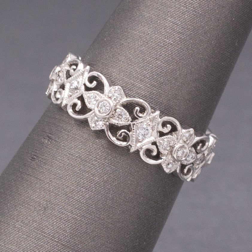 Exquisite Diamond Filigree Wide Band Ring in 18k White Gold, Lace Eternity Ring
