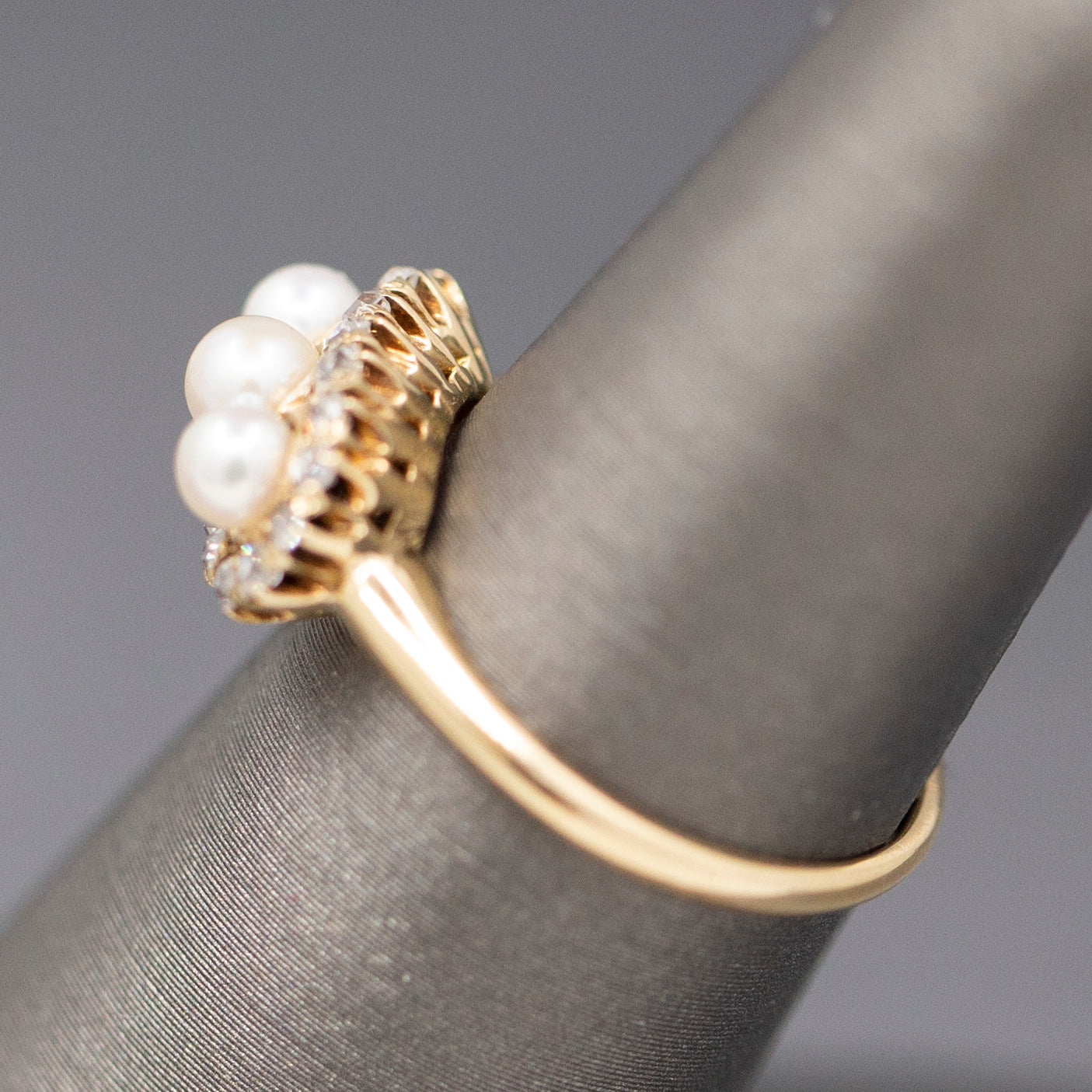 Antique Edwardian Three Stone Pearl Ring with Old Mine Cut Diamond Halo in 14k Yellow Gold
