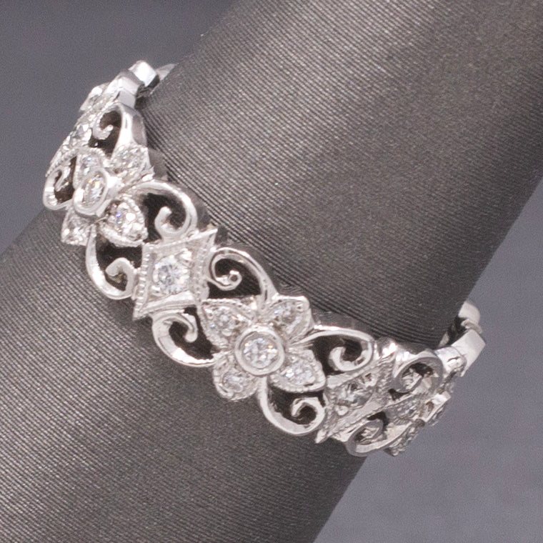 Exquisite Diamond Filigree Wide Band Ring in 18k White Gold, Lace Eternity Ring