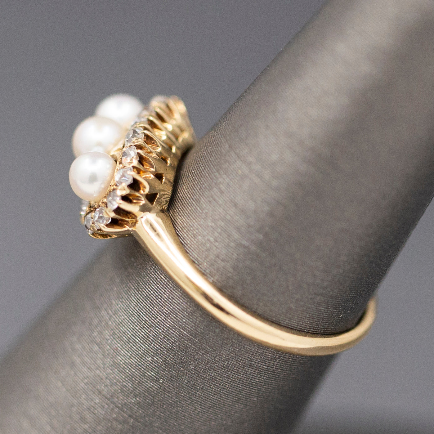 Antique Edwardian Three Stone Pearl Ring with Old Mine Cut Diamond Halo in 14k Yellow Gold
