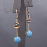 Victorian Antique Turquoise and Glass Long Dangle Earrings in 10k and 14k Yellow Gold