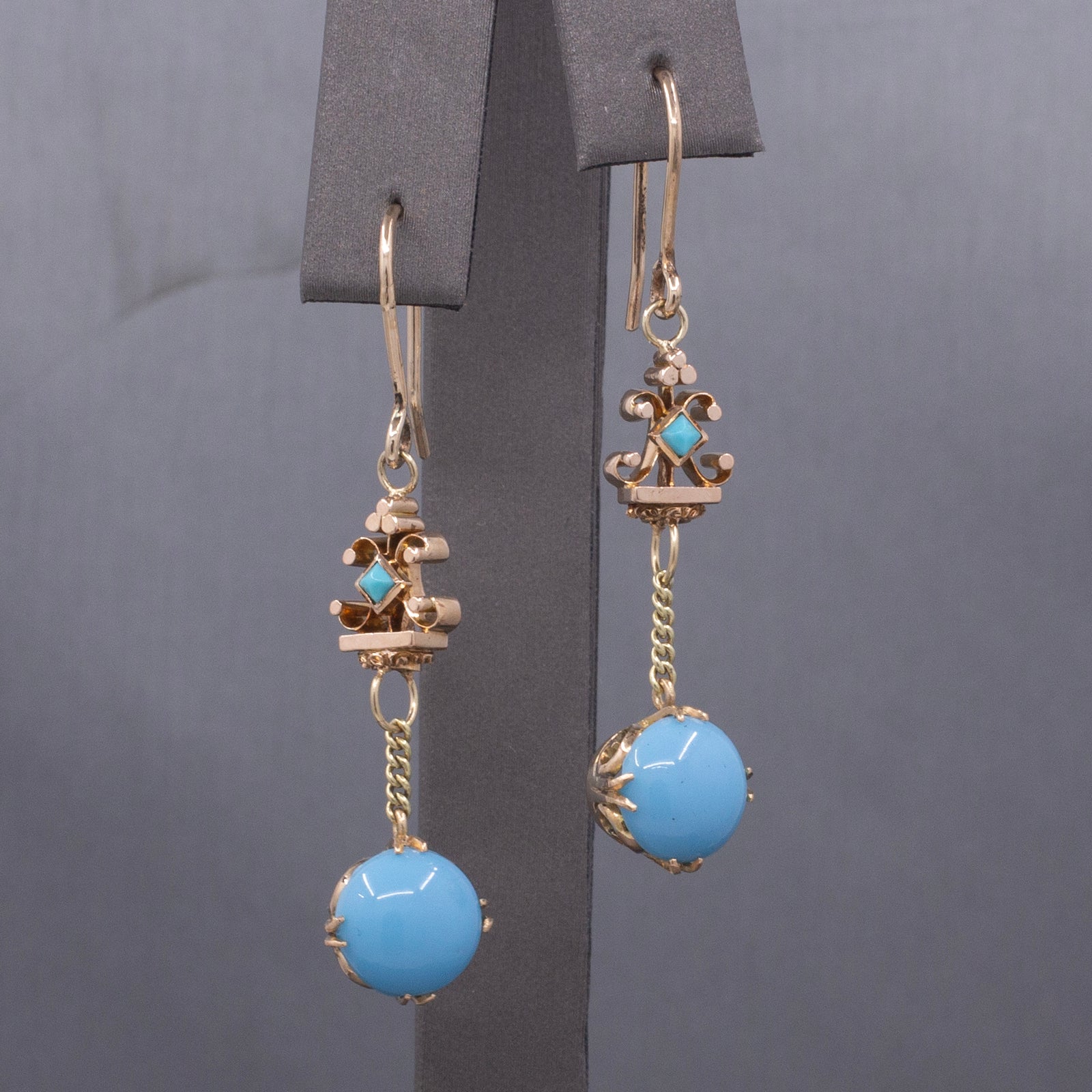 Victorian Antique Turquoise and Glass Long Dangle Earrings in 10k and 14k Yellow Gold