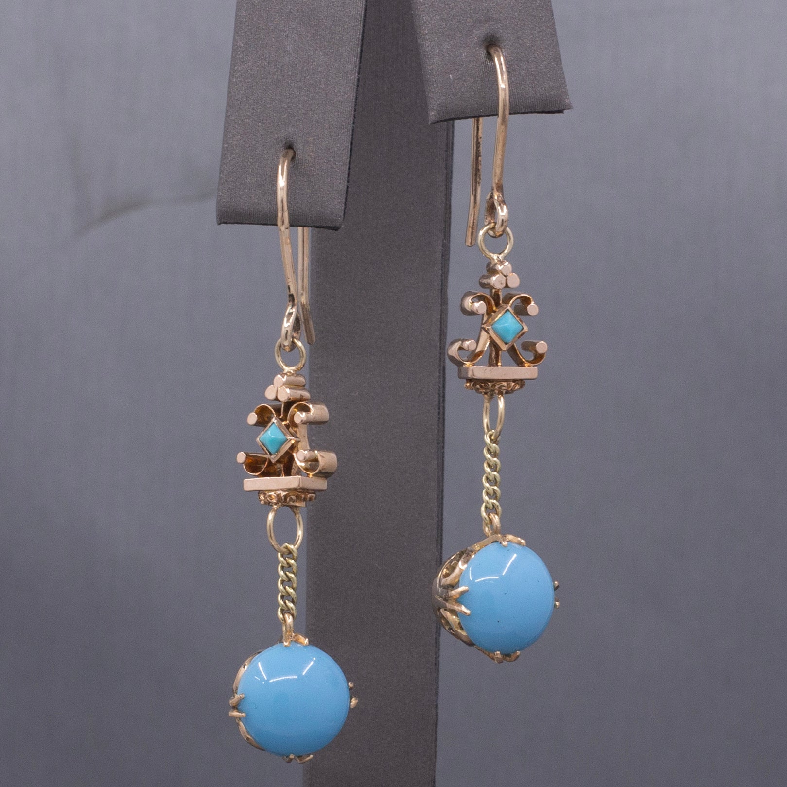 Victorian Antique Turquoise and Glass Long Dangle Earrings in 10k and 14k Yellow Gold
