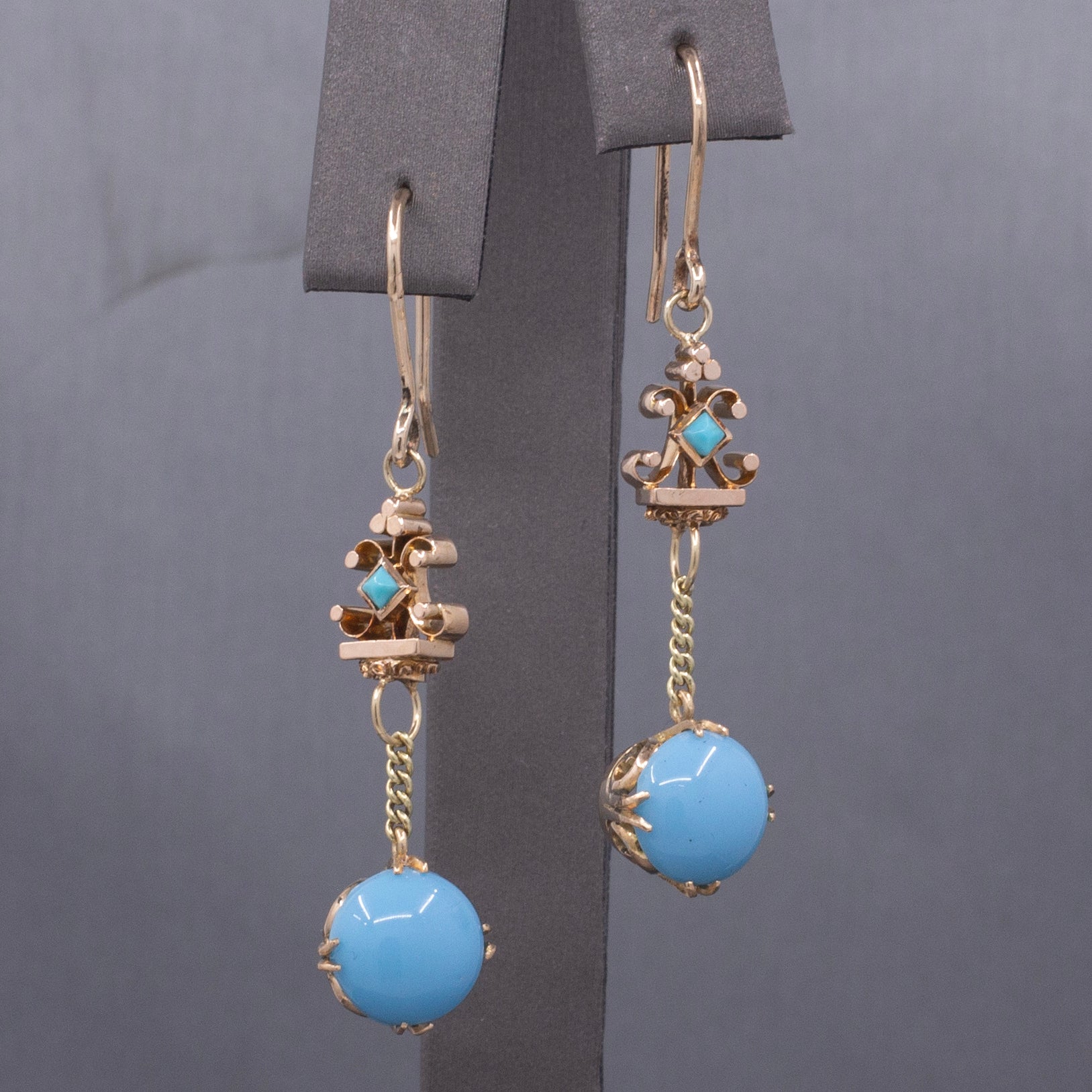 Victorian Antique Turquoise and Glass Long Dangle Earrings in 10k and 14k Yellow Gold