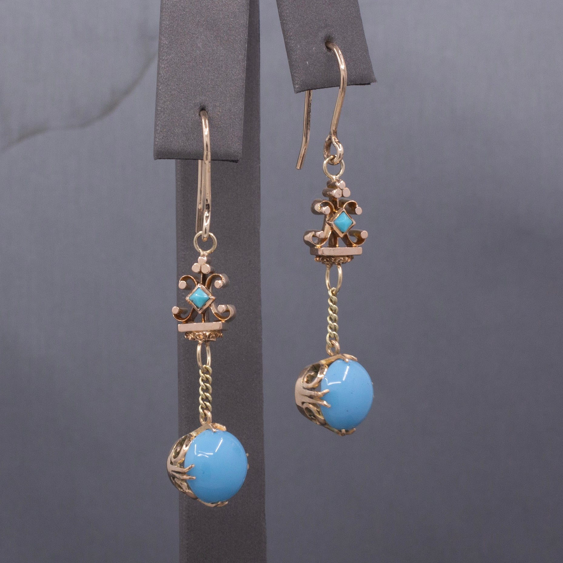 Victorian Antique Turquoise and Glass Long Dangle Earrings in 10k and 14k Yellow Gold