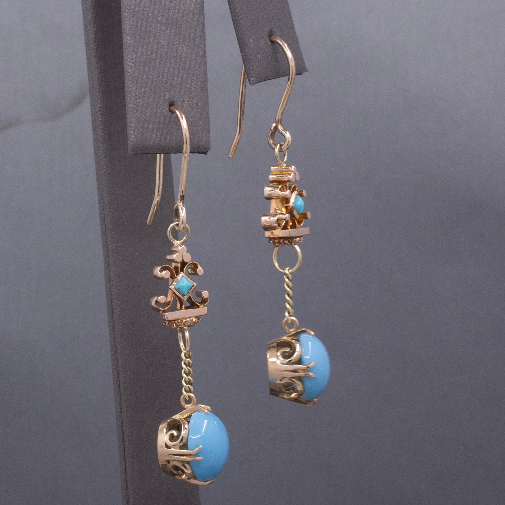 Victorian Antique Turquoise and Glass Long Dangle Earrings in 10k and 14k Yellow Gold