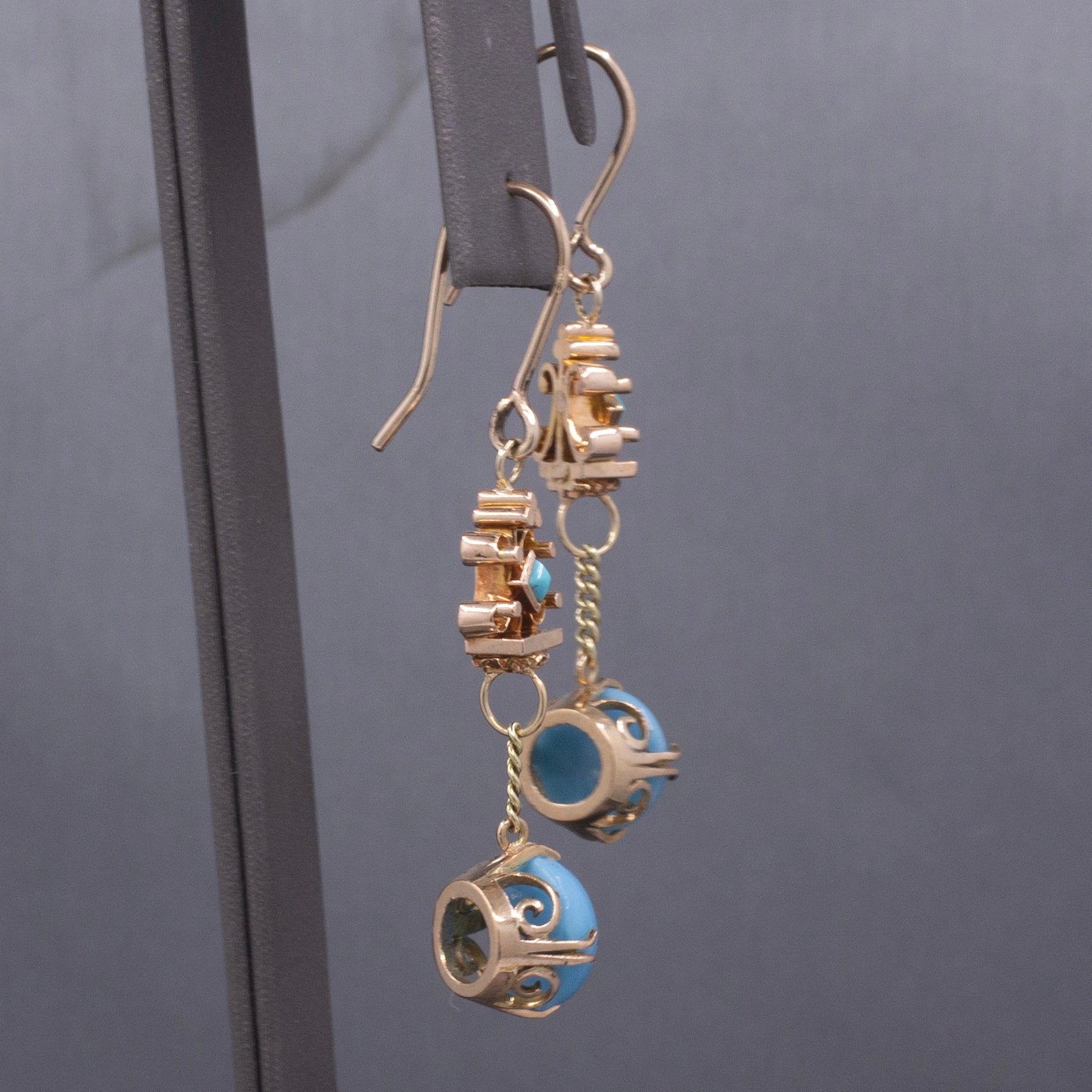Victorian Antique Turquoise and Glass Long Dangle Earrings in 10k and 14k Yellow Gold