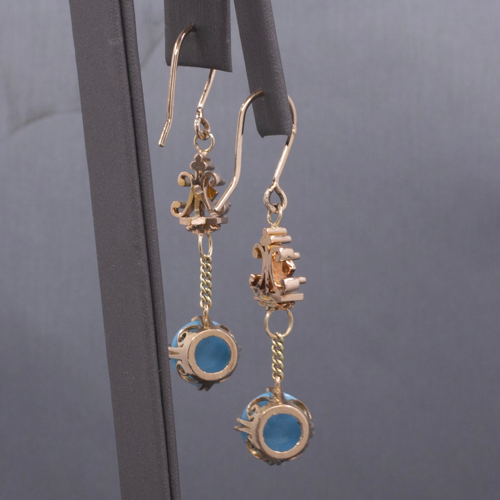 Victorian Antique Turquoise and Glass Long Dangle Earrings in 10k and 14k Yellow Gold