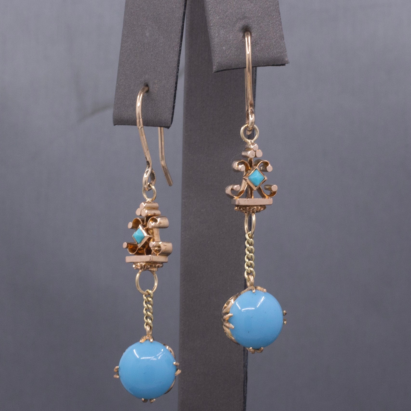 Victorian Antique Turquoise and Glass Long Dangle Earrings in 10k and 14k Yellow Gold