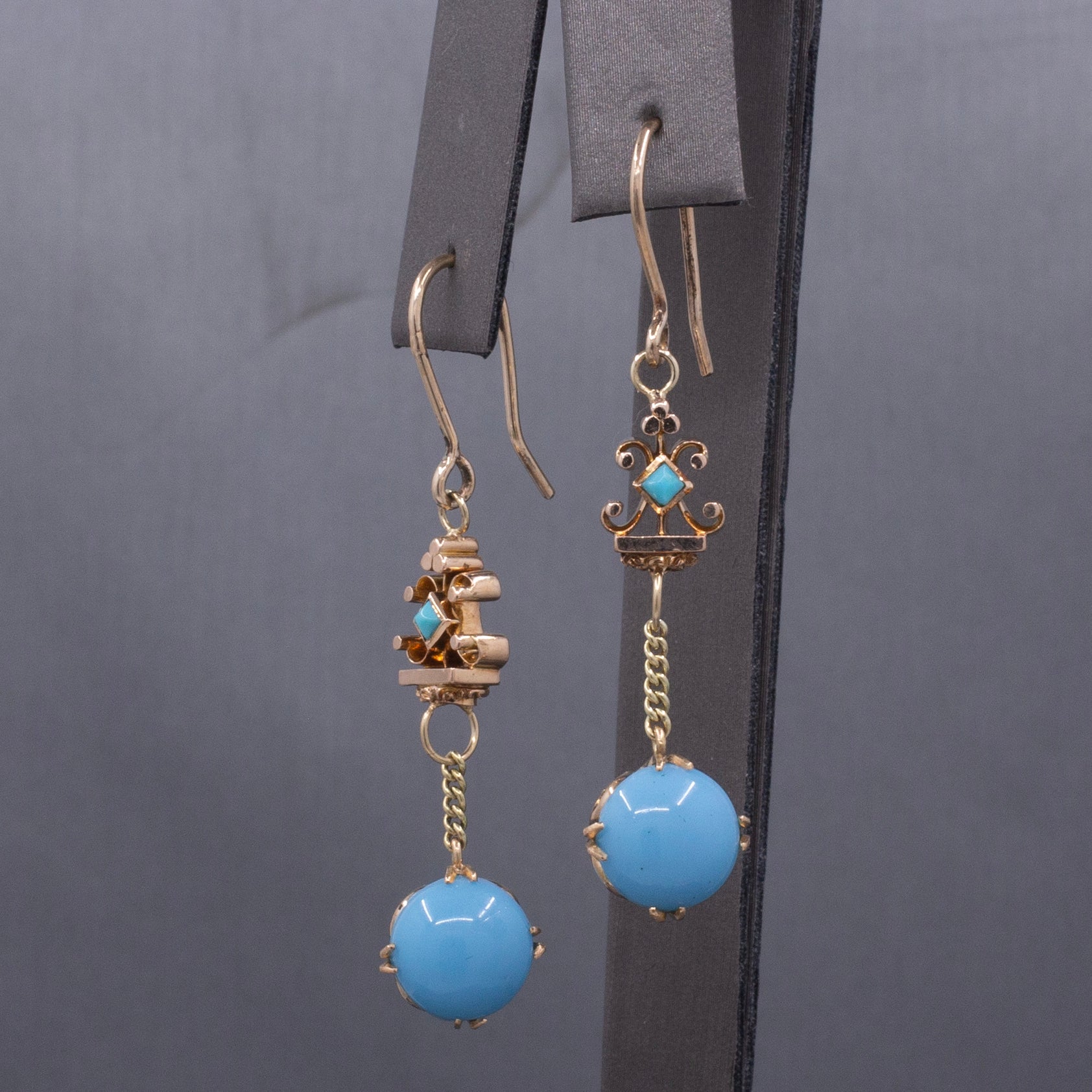 Victorian Antique Turquoise and Glass Long Dangle Earrings in 10k and 14k Yellow Gold