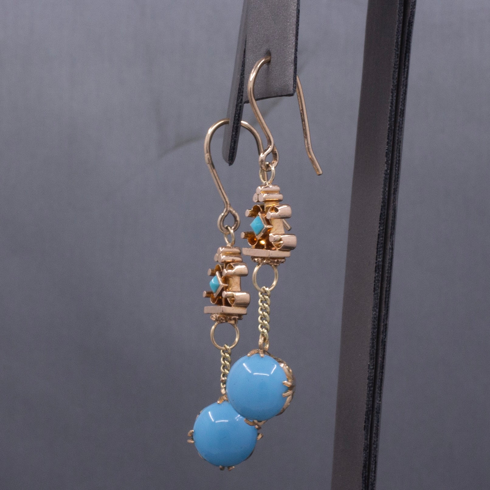 Victorian Antique Turquoise and Glass Long Dangle Earrings in 10k and 14k Yellow Gold