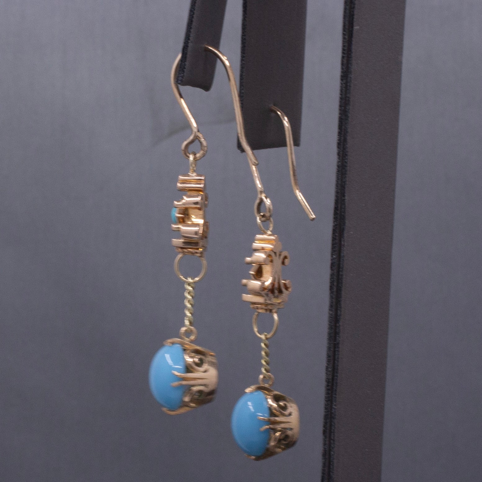 Victorian Antique Turquoise and Glass Long Dangle Earrings in 10k and 14k Yellow Gold