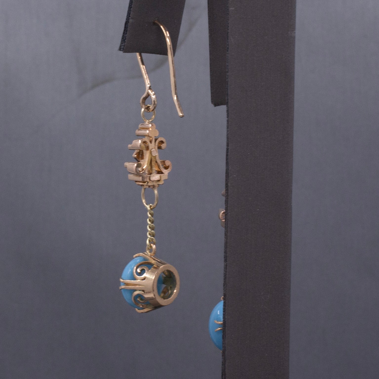 Victorian Antique Turquoise and Glass Long Dangle Earrings in 10k and 14k Yellow Gold