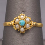 Petite Seed Pearl and Turquoise Victorian Ring in 22k Yellow Gold