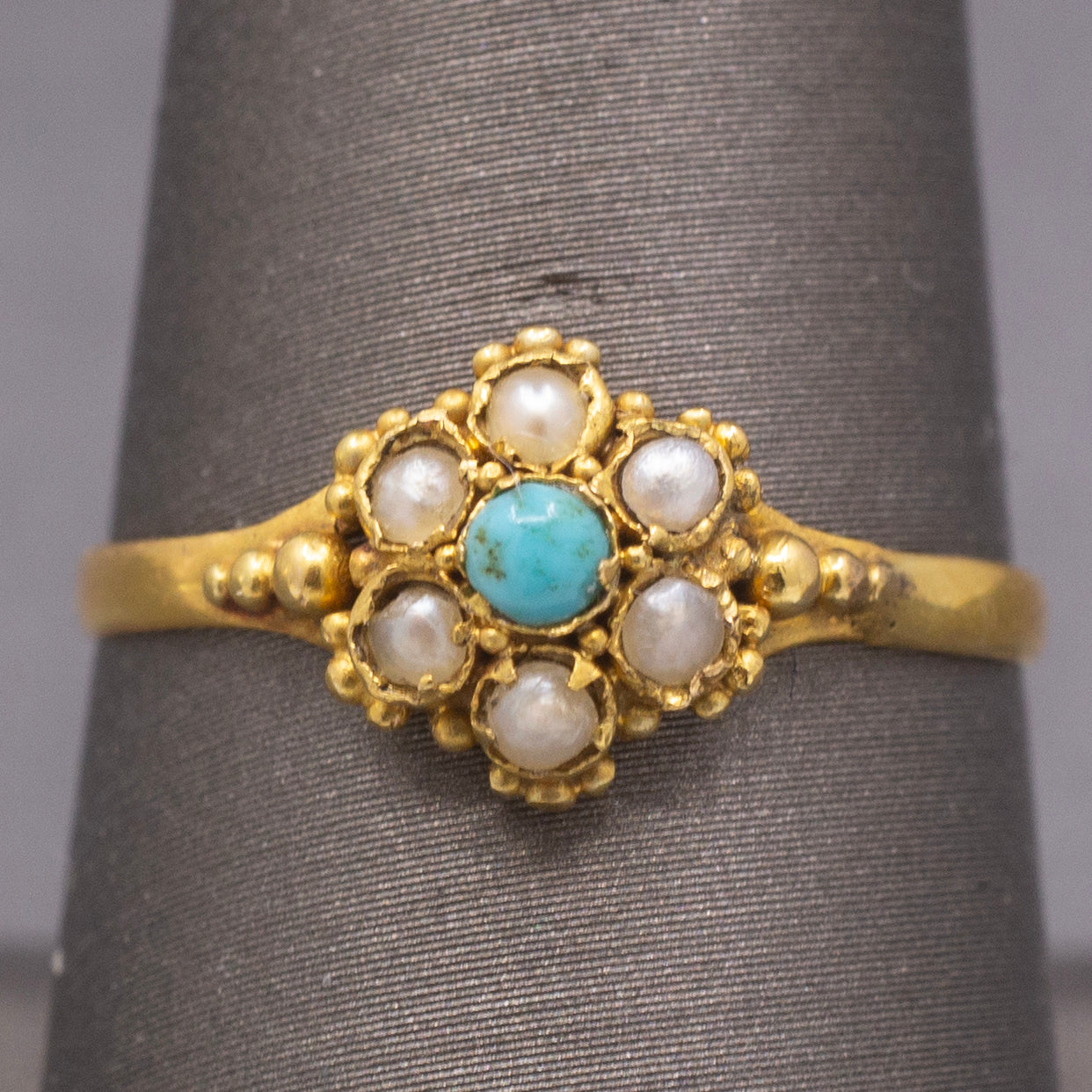 Petite Seed Pearl and Turquoise Victorian Ring in 22k Yellow Gold