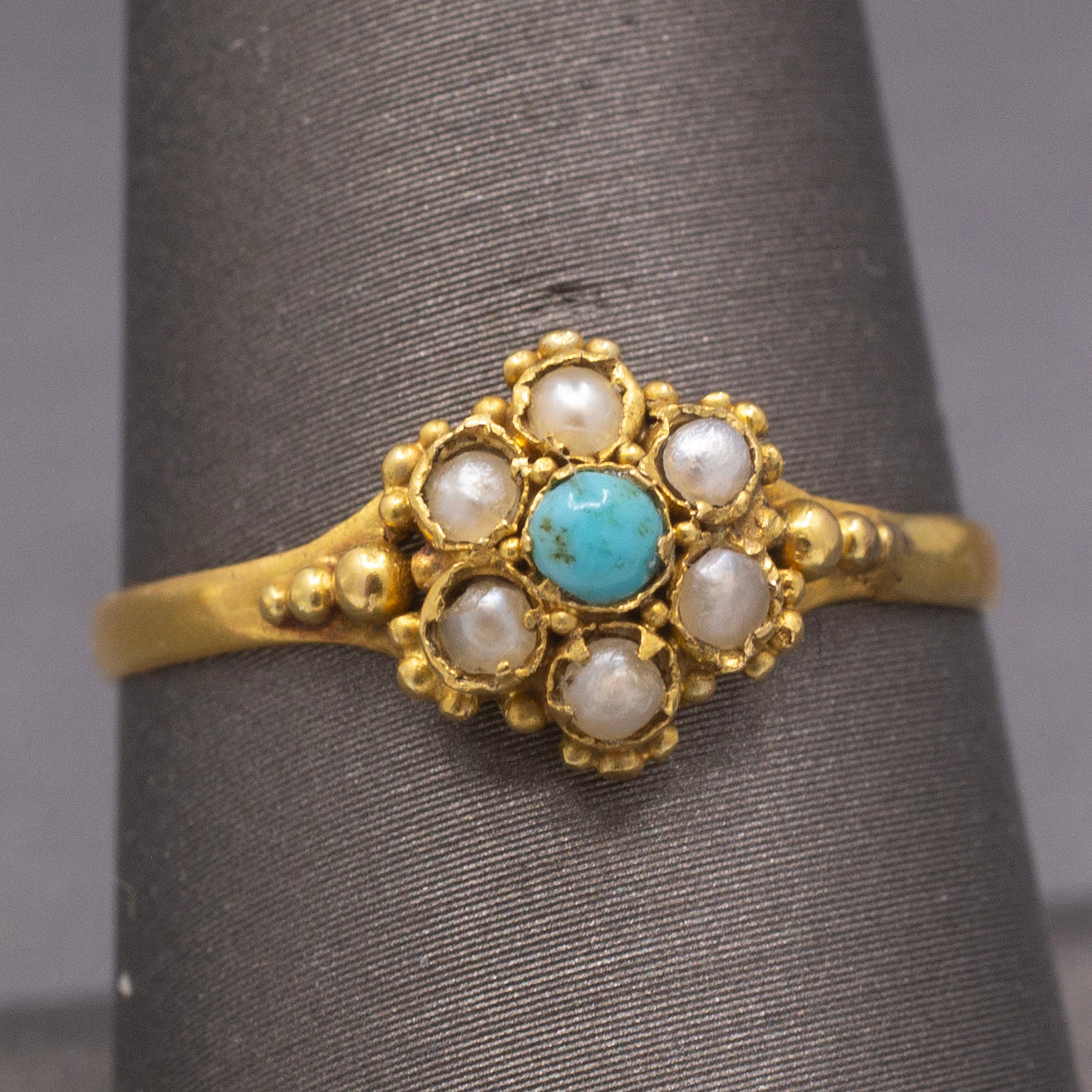 Petite Seed Pearl and Turquoise Victorian Ring in 22k Yellow Gold