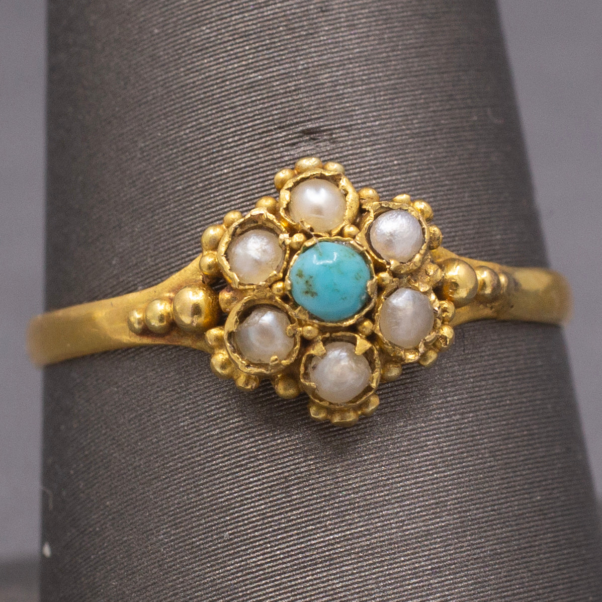 Petite Seed Pearl and Turquoise Victorian Ring in 22k Yellow Gold