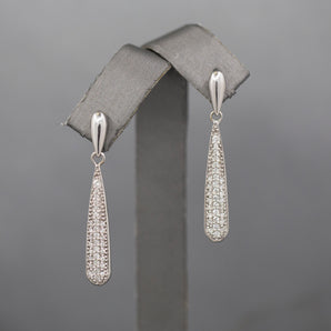 Sparkly Elongated Teardrop Pave' Set Diamond Earrings in 14k White Gold