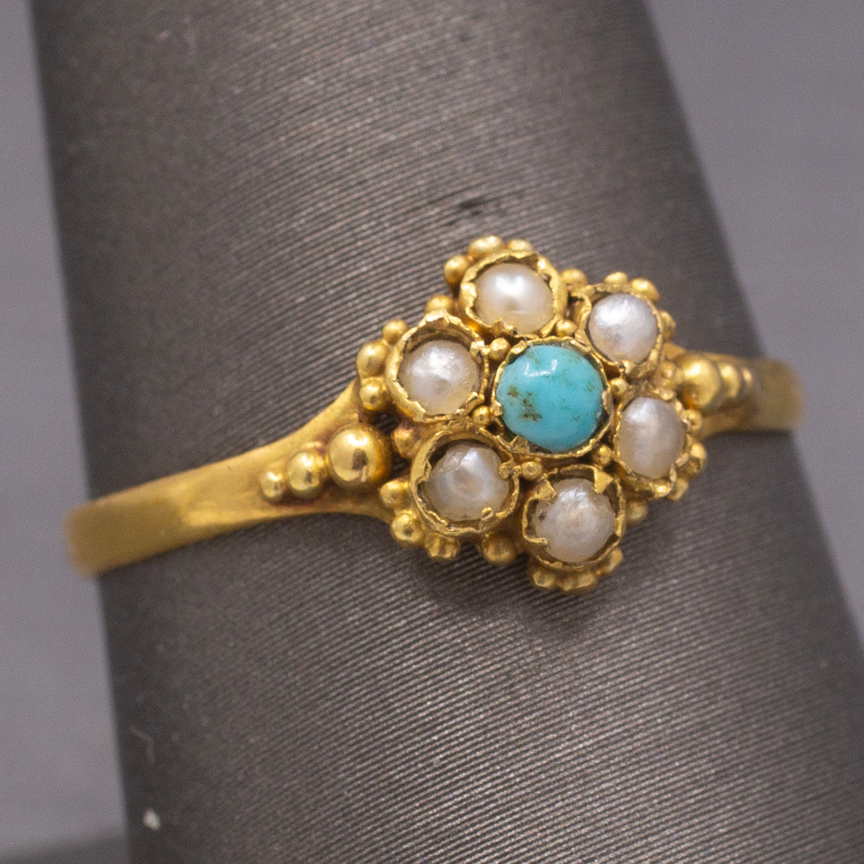 Petite Seed Pearl and Turquoise Victorian Ring in 22k Yellow Gold