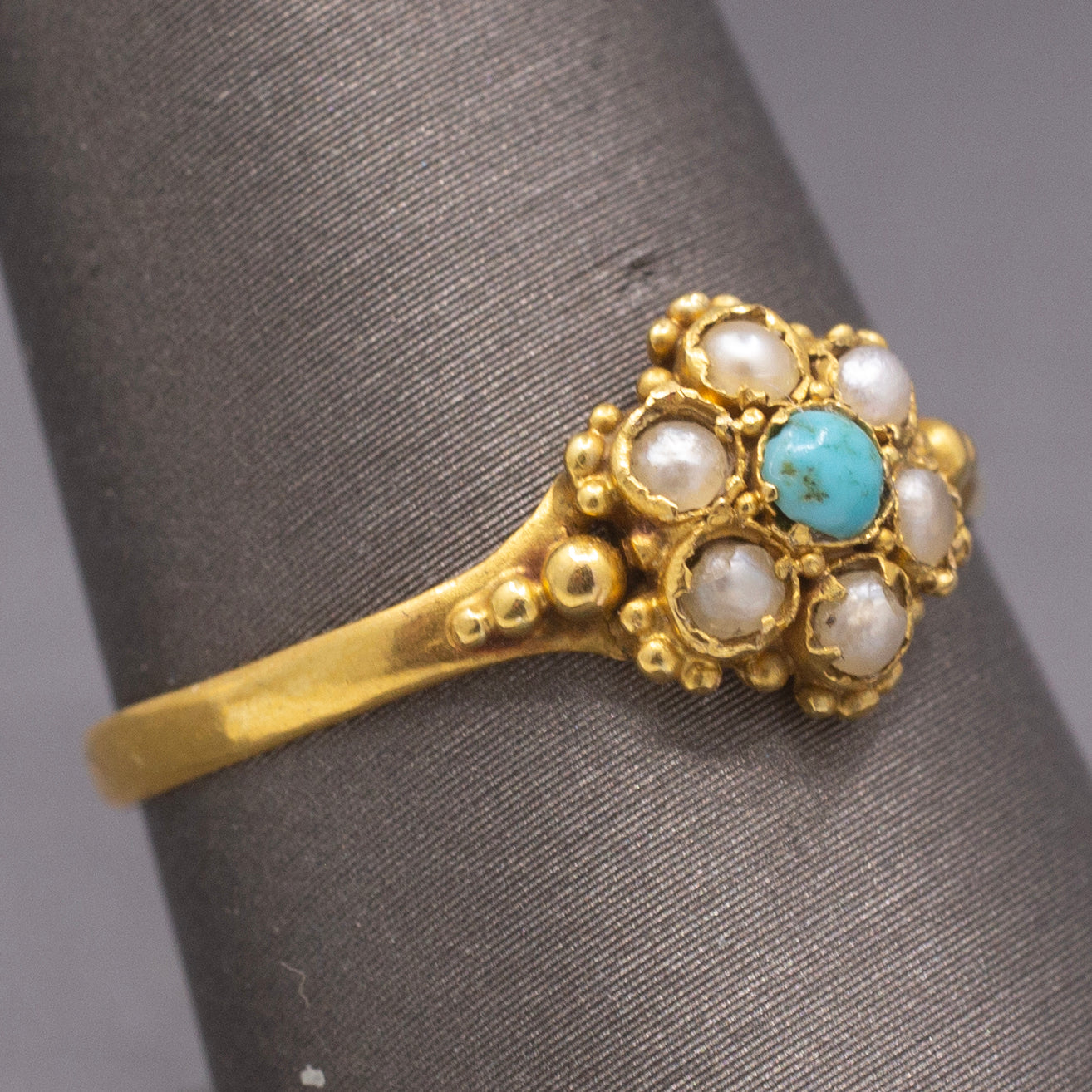 Petite Seed Pearl and Turquoise Victorian Ring in 22k Yellow Gold