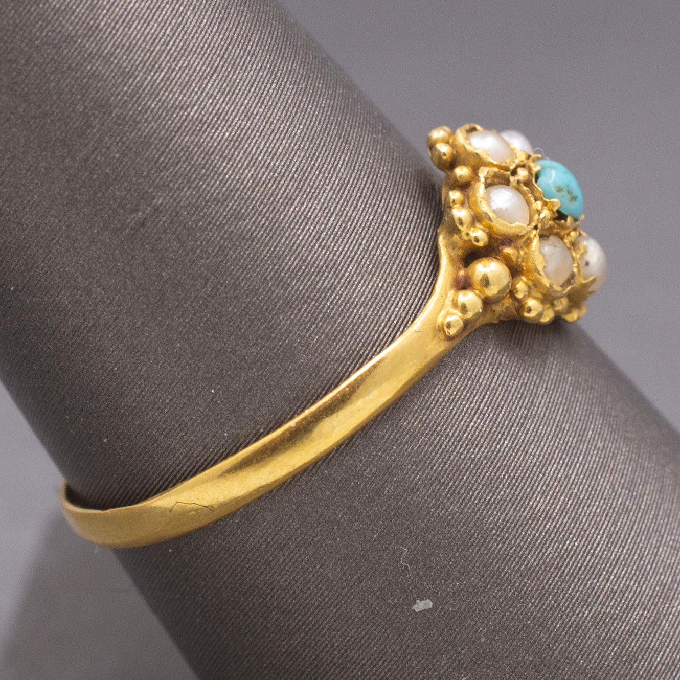 Petite Seed Pearl and Turquoise Victorian Ring in 22k Yellow Gold