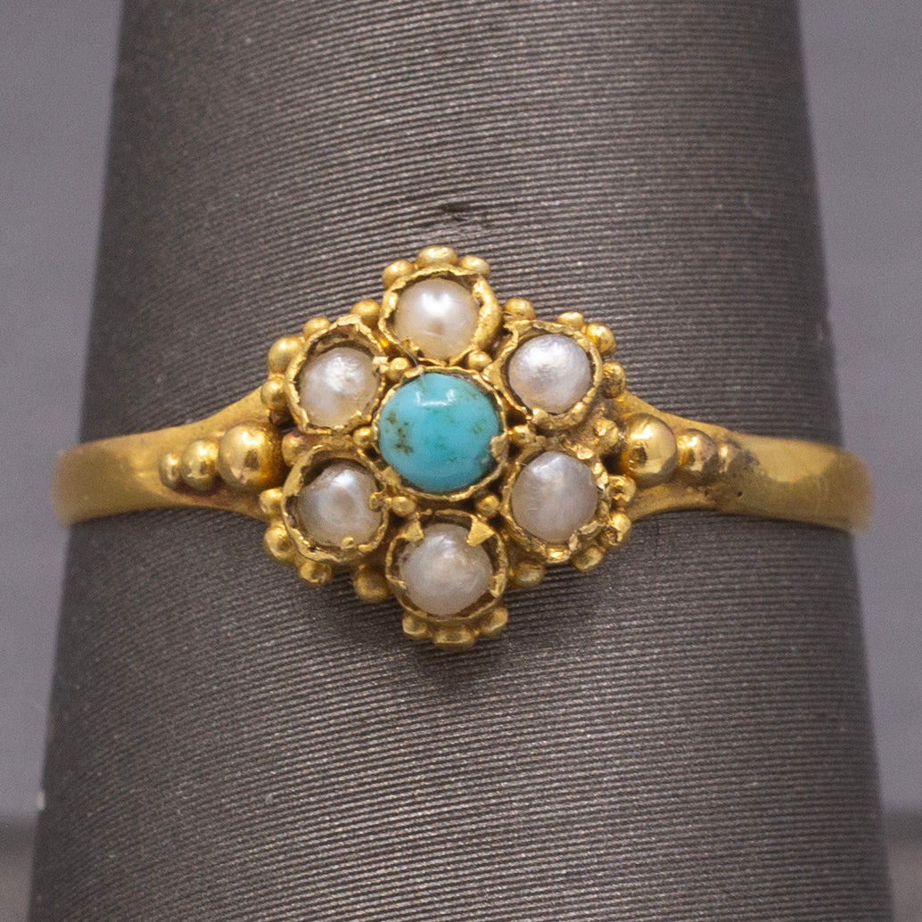 Petite Seed Pearl and Turquoise Victorian Ring in 22k Yellow Gold