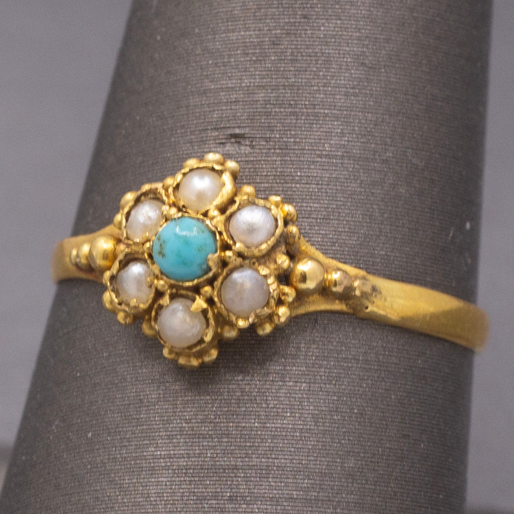 Petite Seed Pearl and Turquoise Victorian Ring in 22k Yellow Gold