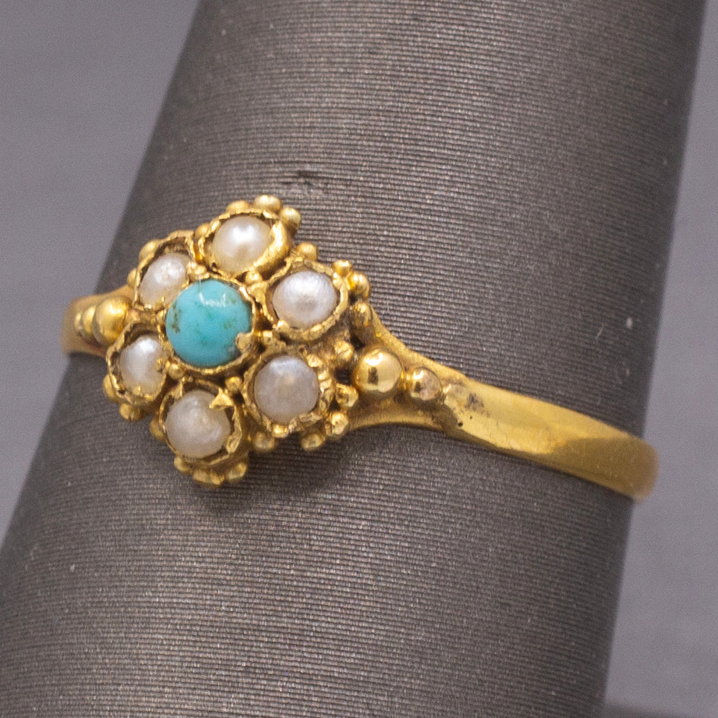 Petite Seed Pearl and Turquoise Victorian Ring in 22k Yellow Gold