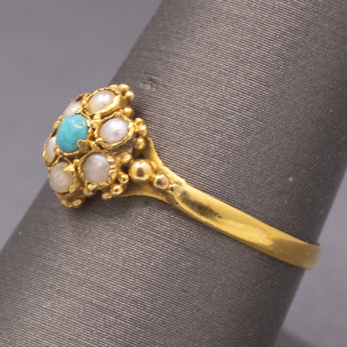 Petite Seed Pearl and Turquoise Victorian Ring in 22k Yellow Gold